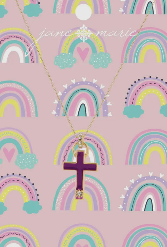 Girls Purple Cross Necklace with Rhinestones