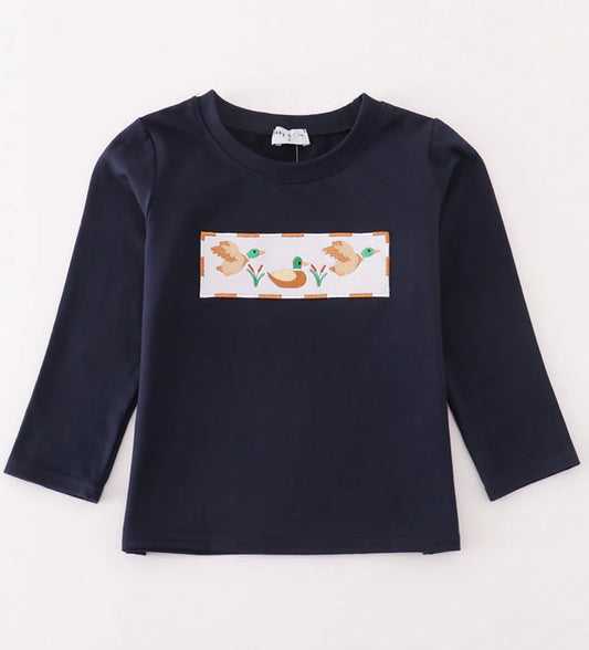 Navy Duck Embroidered LS Shirt