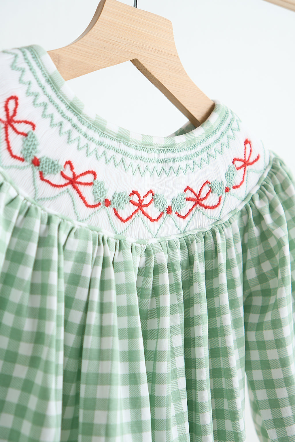 Green bow tie hand smocked gingham girl bubble