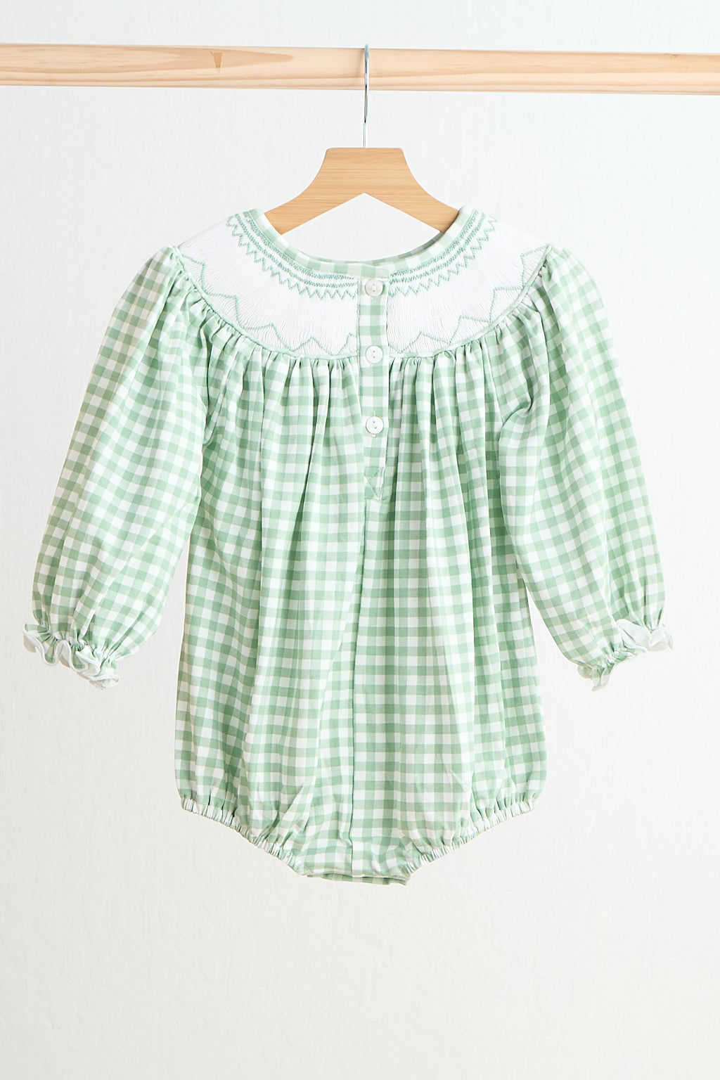 Green bow tie hand smocked gingham girl bubble