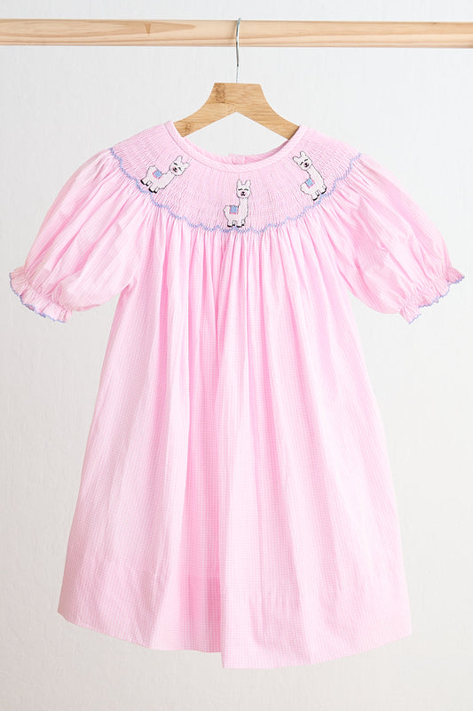 Pink alpaca hand smocked gingham dress