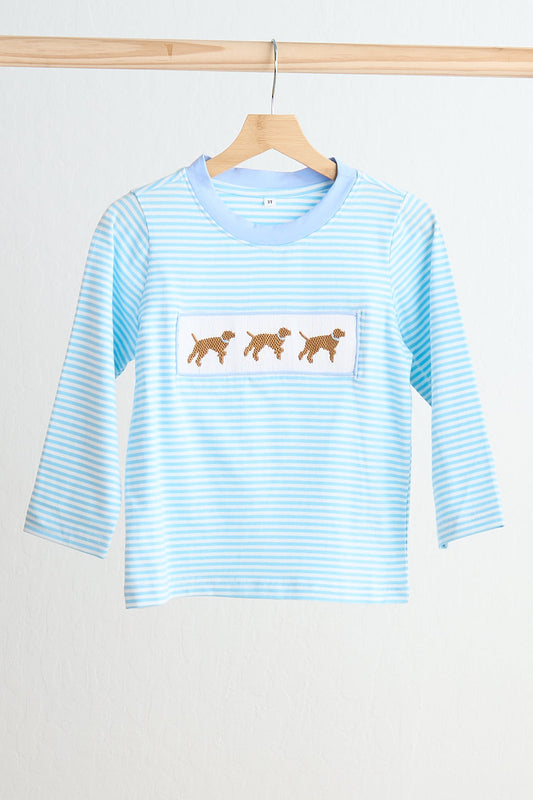 Blue puppy hand smocked boy stripe top