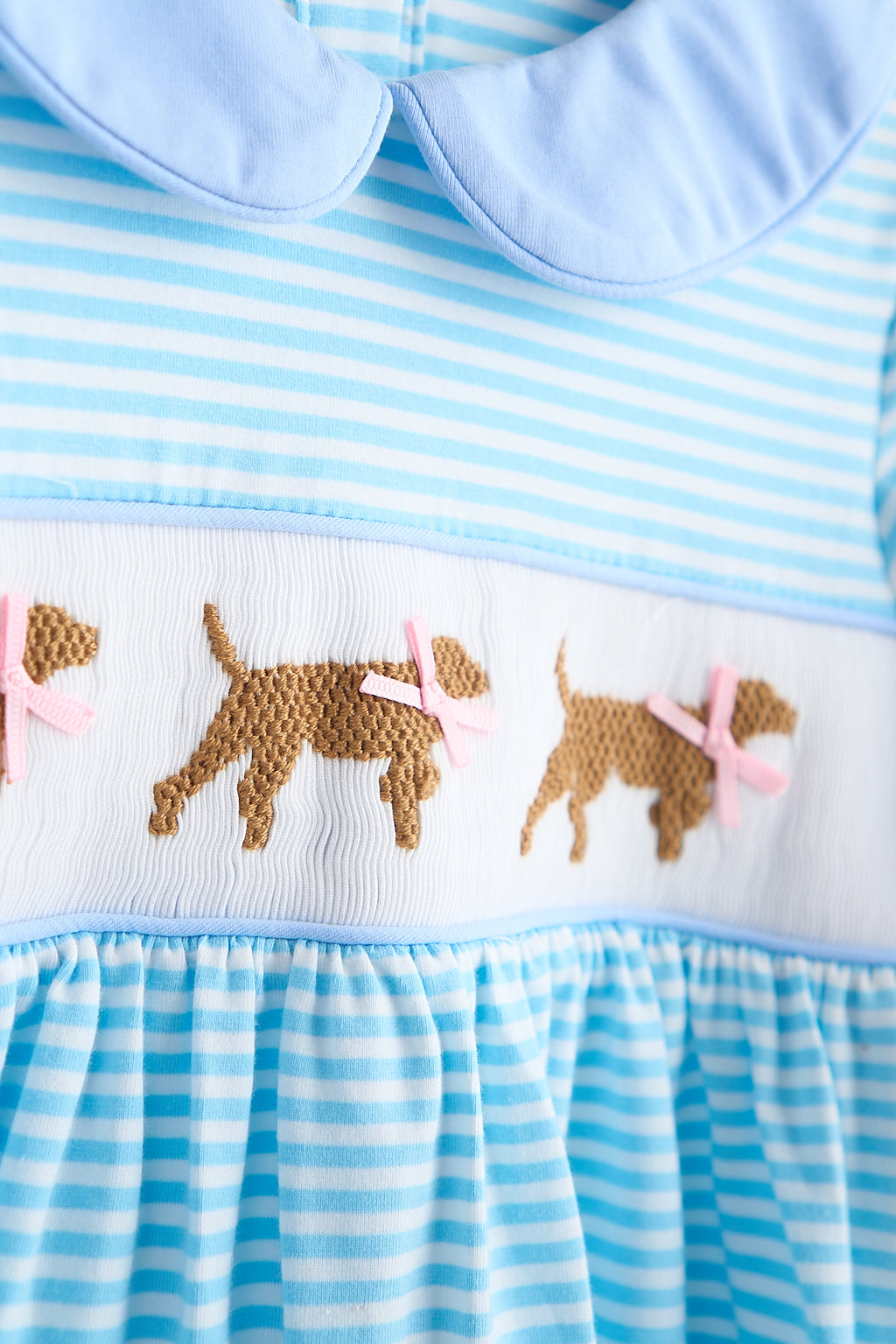 Blue puppy hand smocked stripe dress