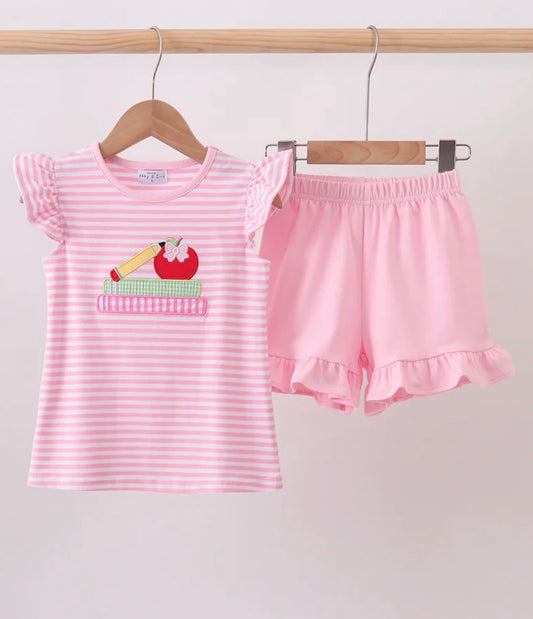 Pink Striped Apple Shorts Set