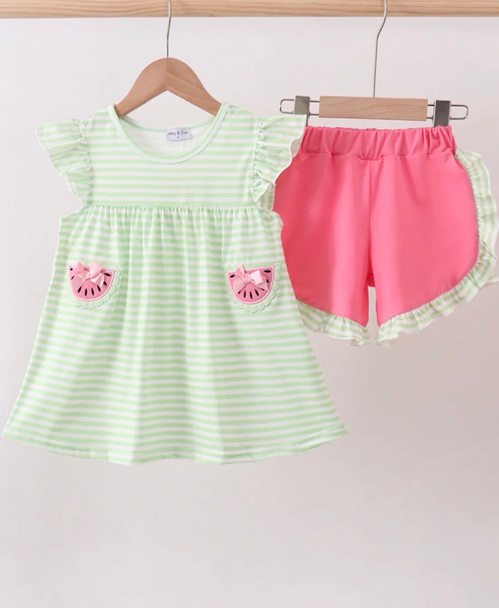 Striped Watermelon Appliqué Shorts Set