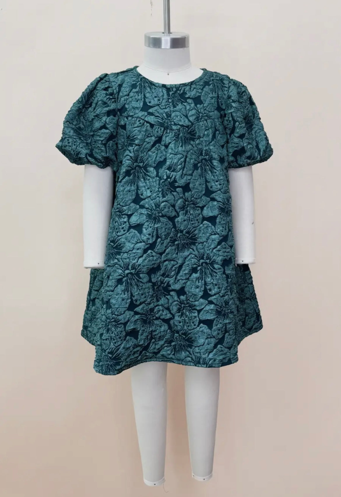 Green Jacquard Balloon Sleeve Dress
