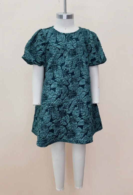 Green Jacquard Balloon Sleeve Dress
