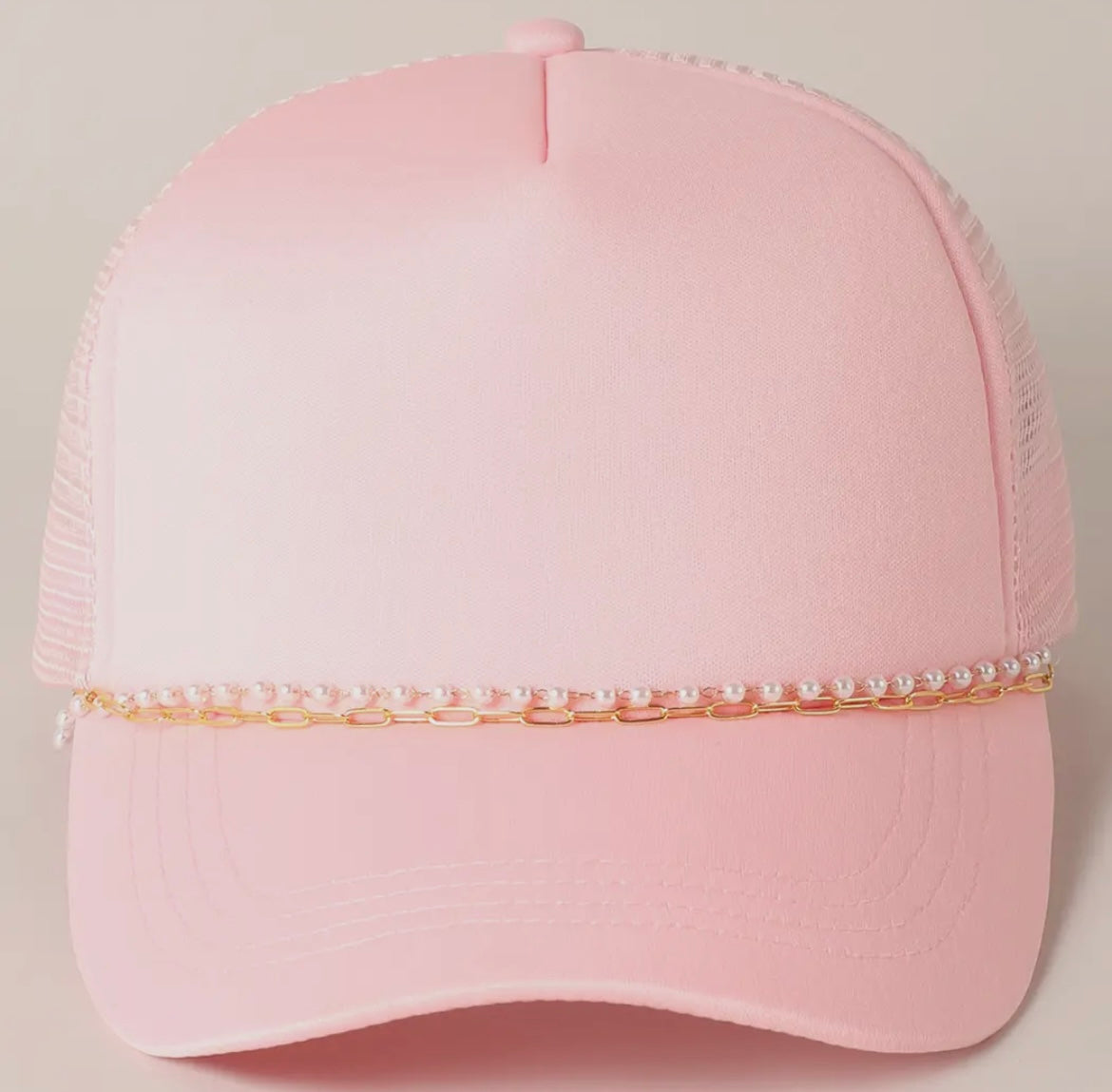Pink Trucker Hat with Pearl and Gold Chains
