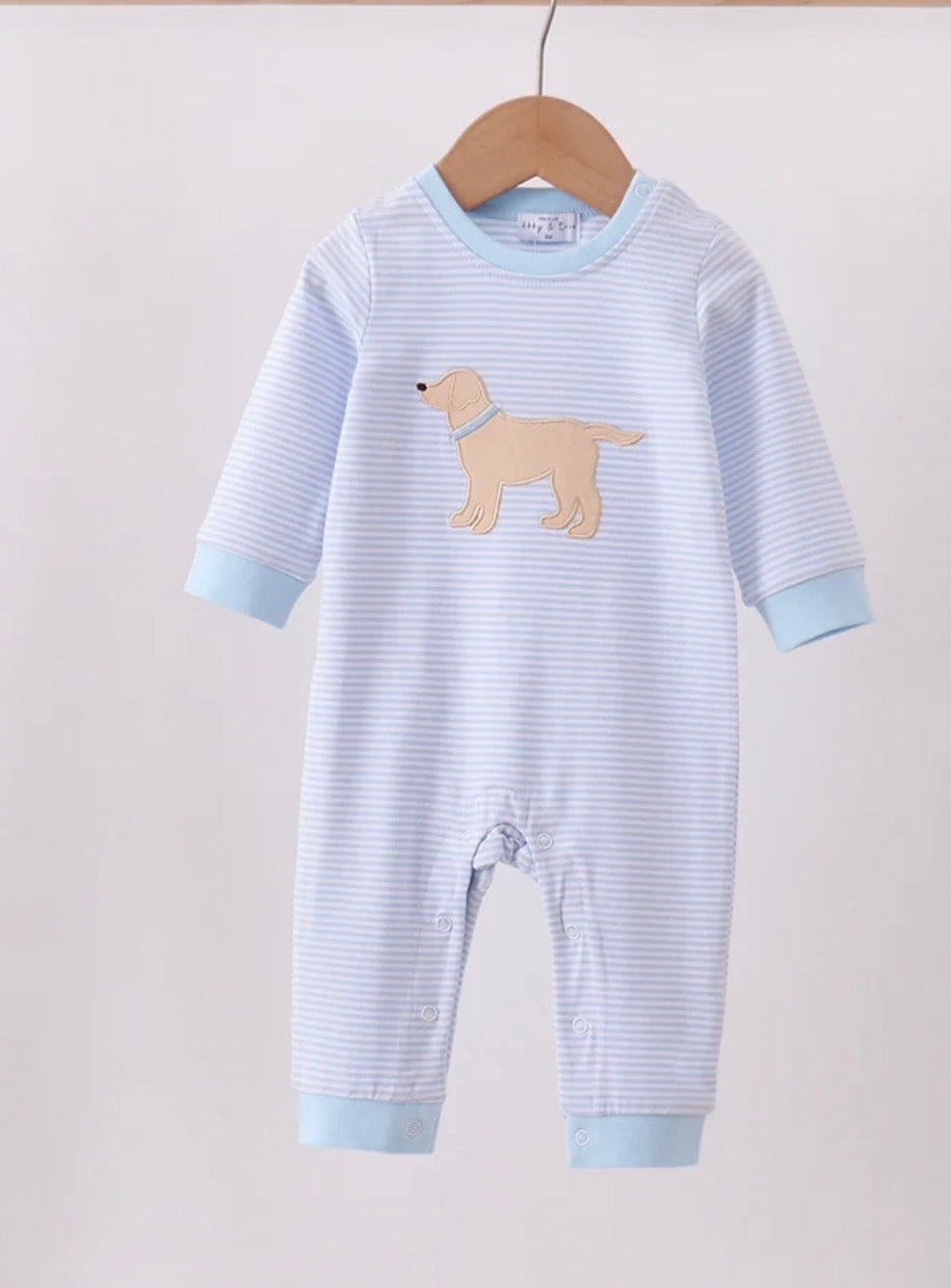 Blue Striped Embroidered Puppy Romper