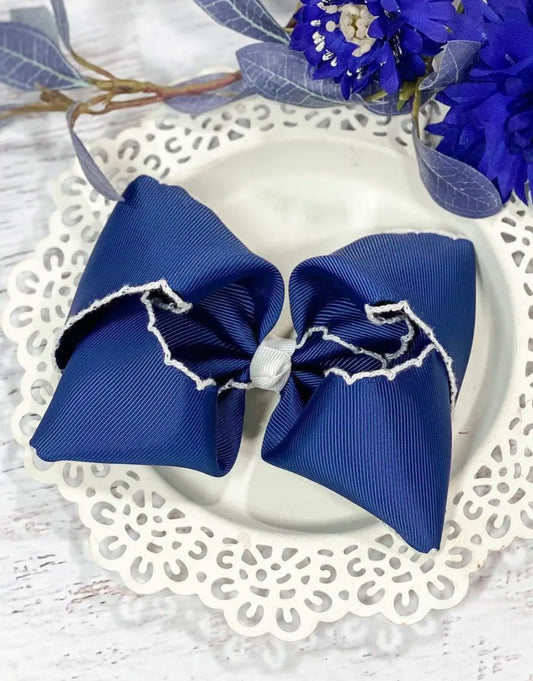 Navy and White Moonstitch Bow on Clip