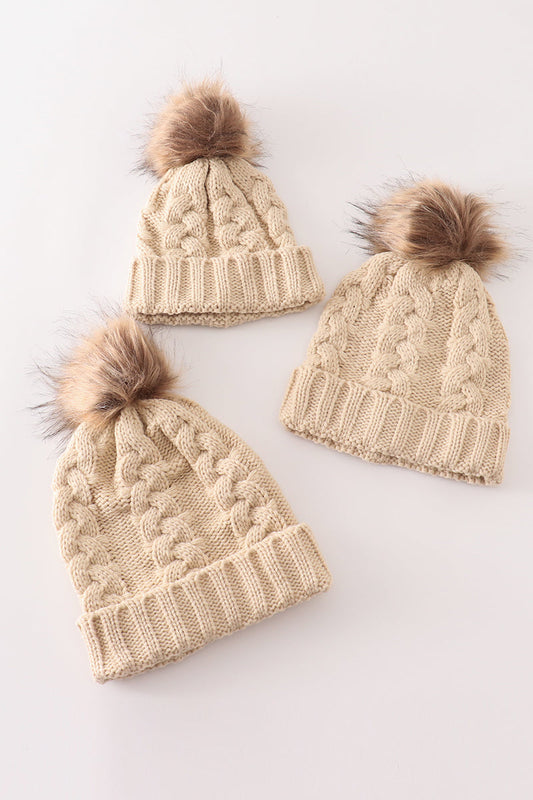 Beige pompom  cable beanie