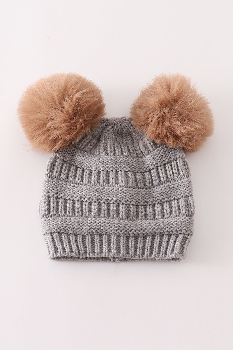 Light grey double pompom cable beanie