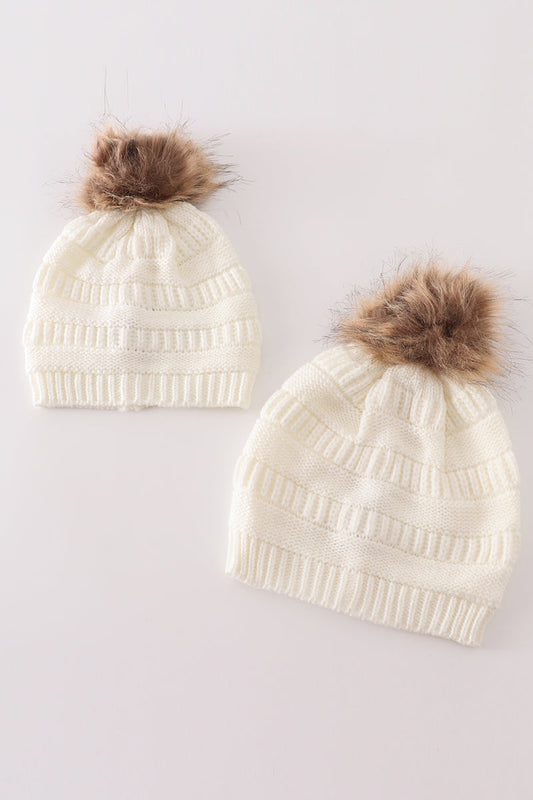 Ivory pompom cable beanie