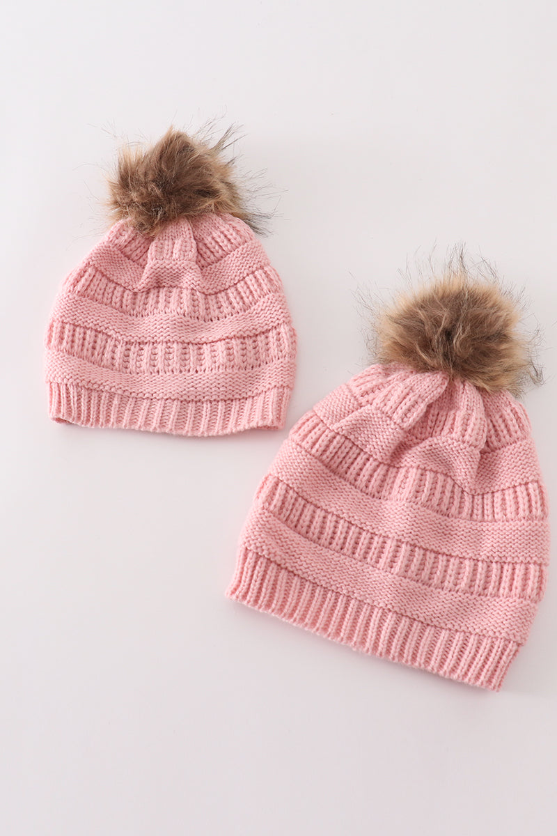 Pink pompom cable beanie