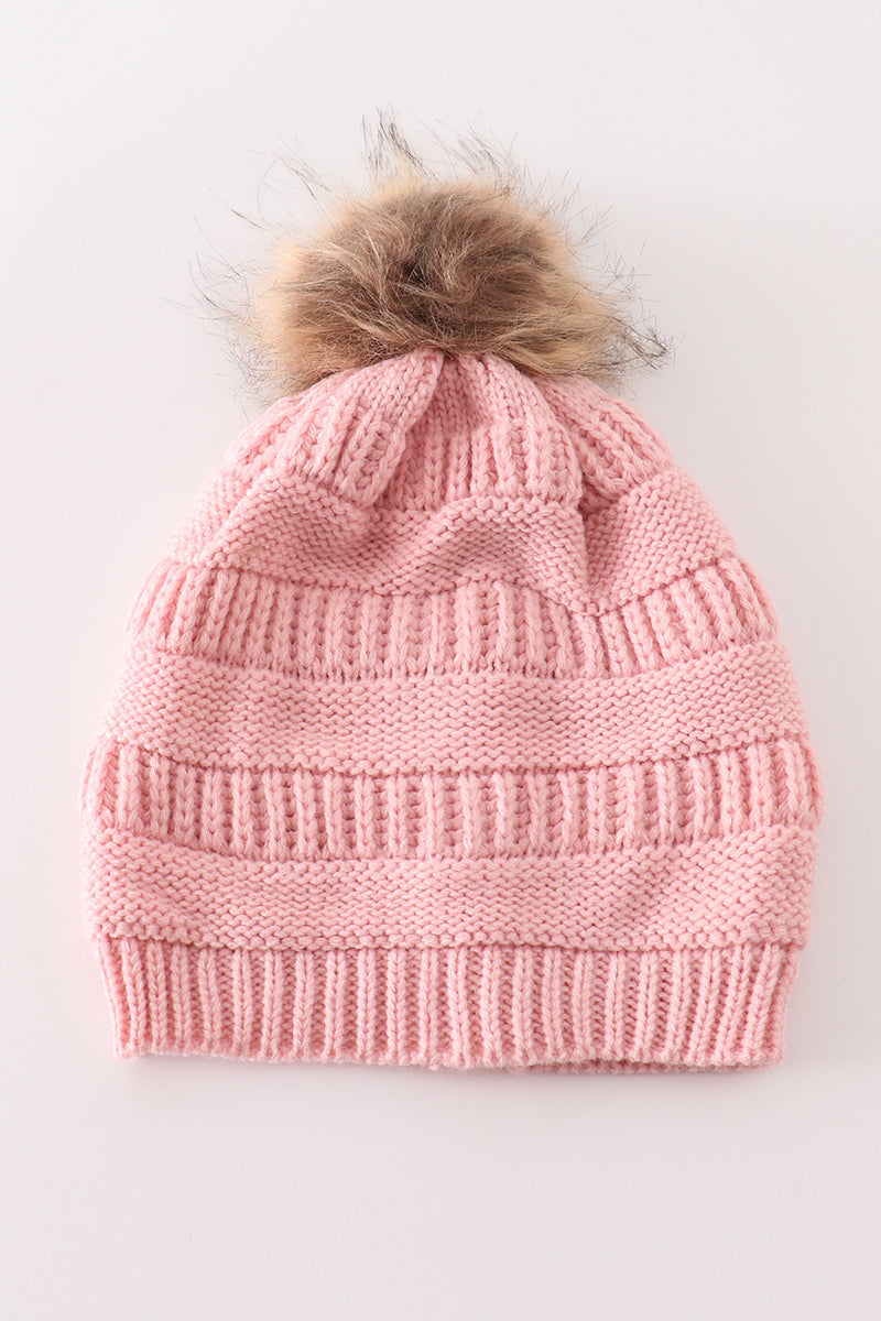 Pink pompom cable beanie