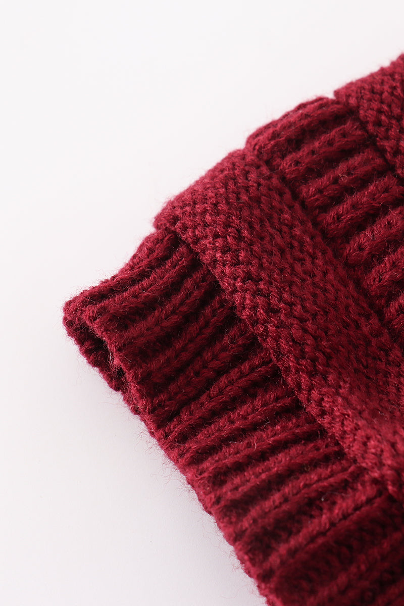 Burgundy pompom cable beanie