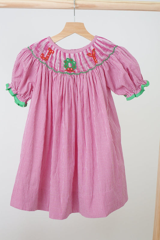 Pink christmas joy hand smocked gingham dress