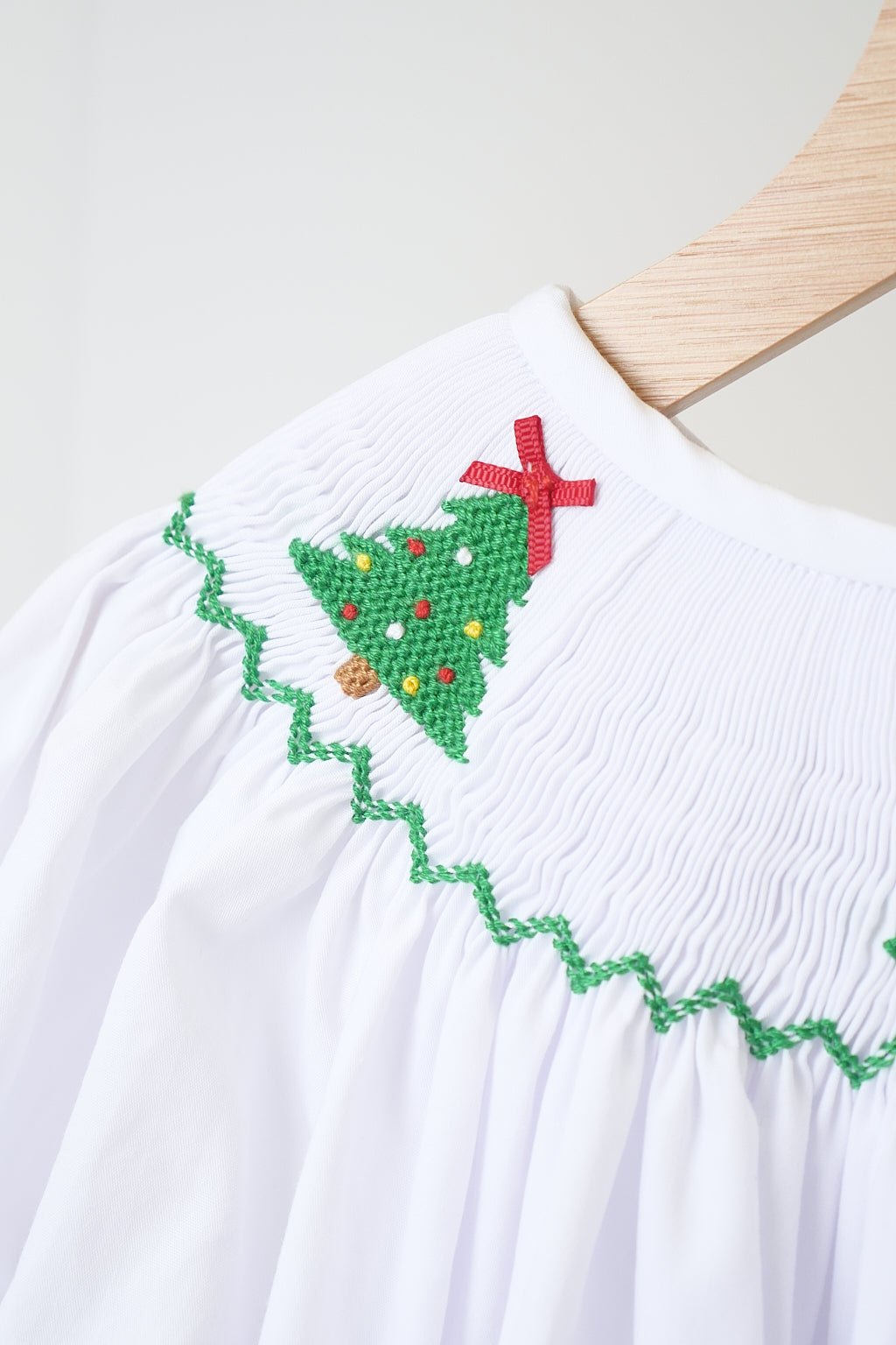 White christmas tree hand smocked dress