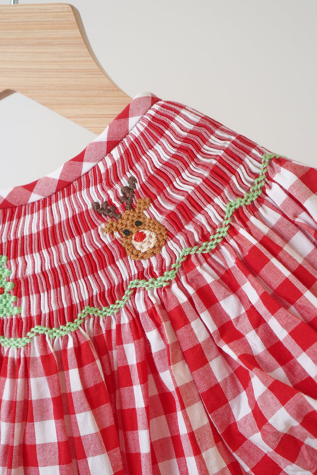 Red chrismtas santa tree reindeer hand smocked gingham romper