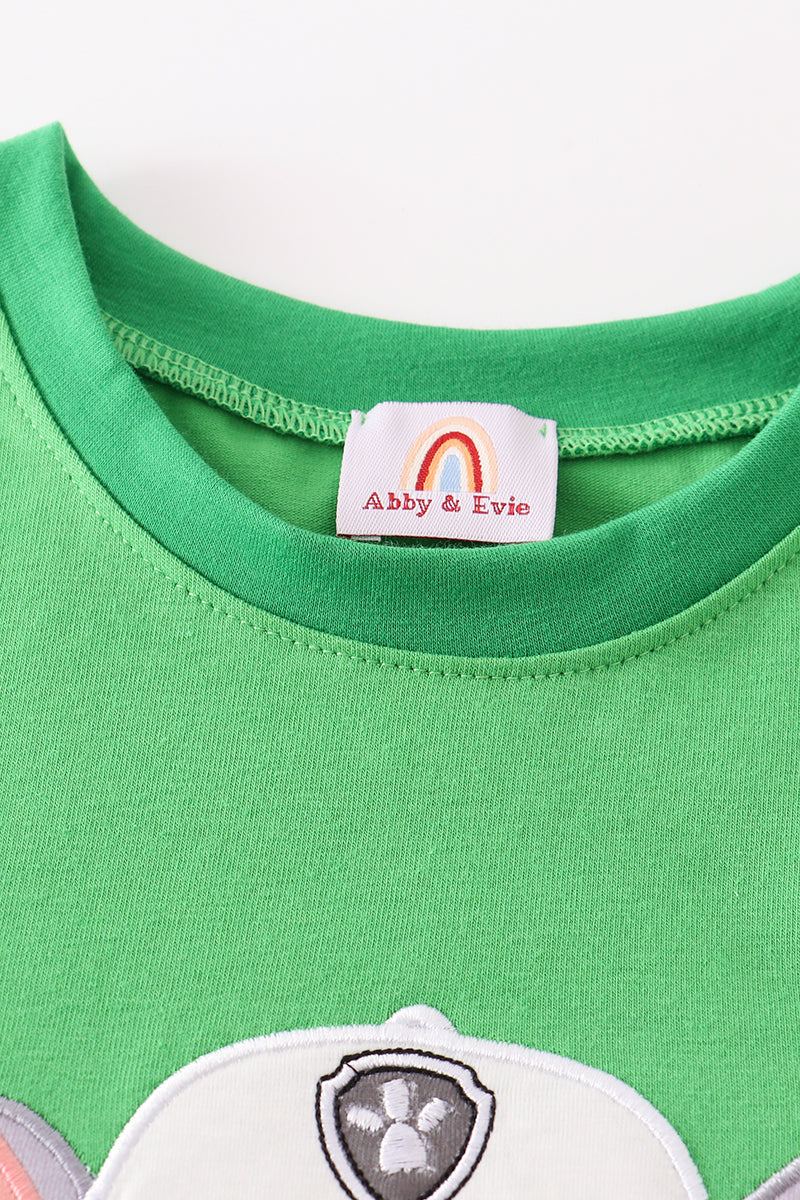 Green character applique boy top