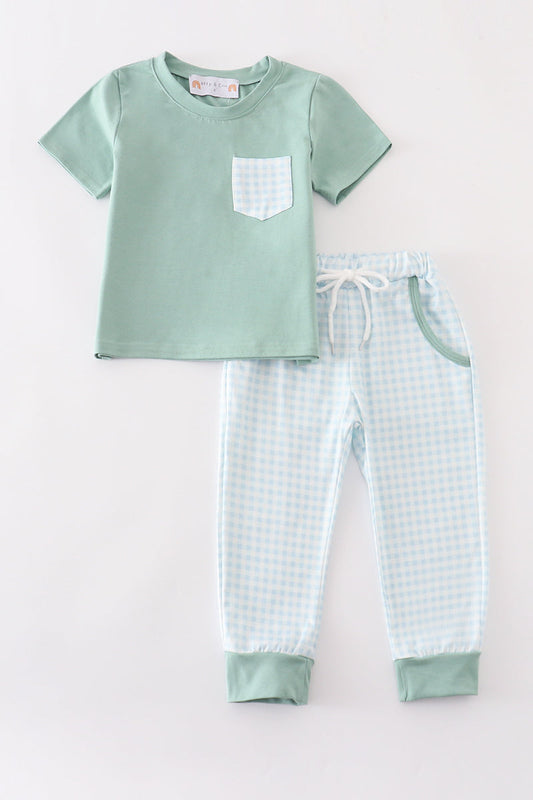 Green gingham boy pants set