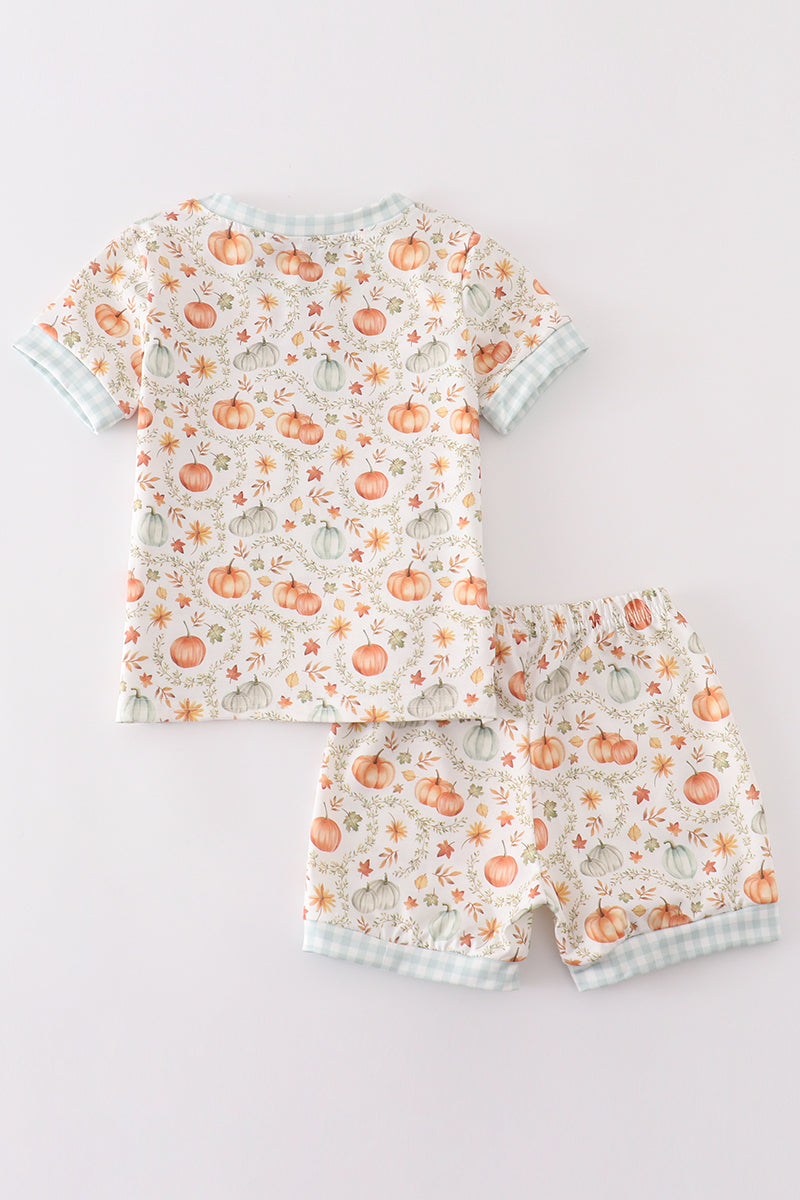 Green pumpkin print girl ruffle shorts set