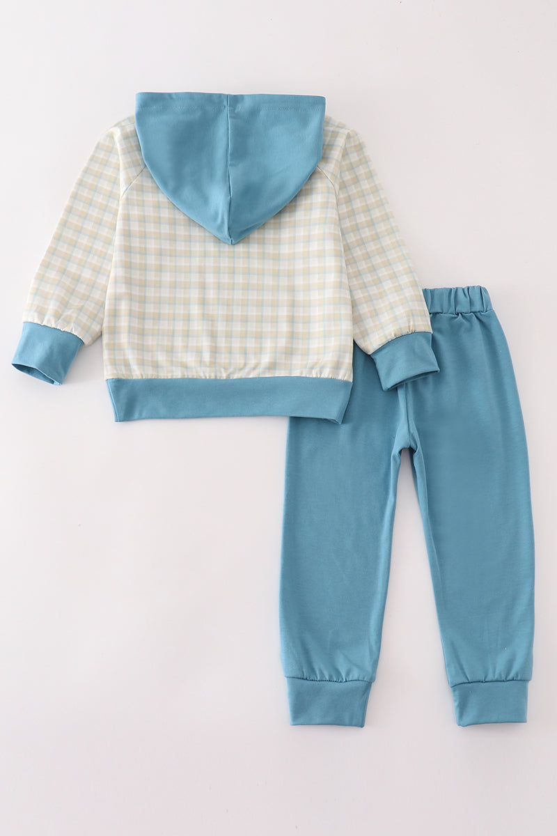 Teal plaid boy hoodie pants set