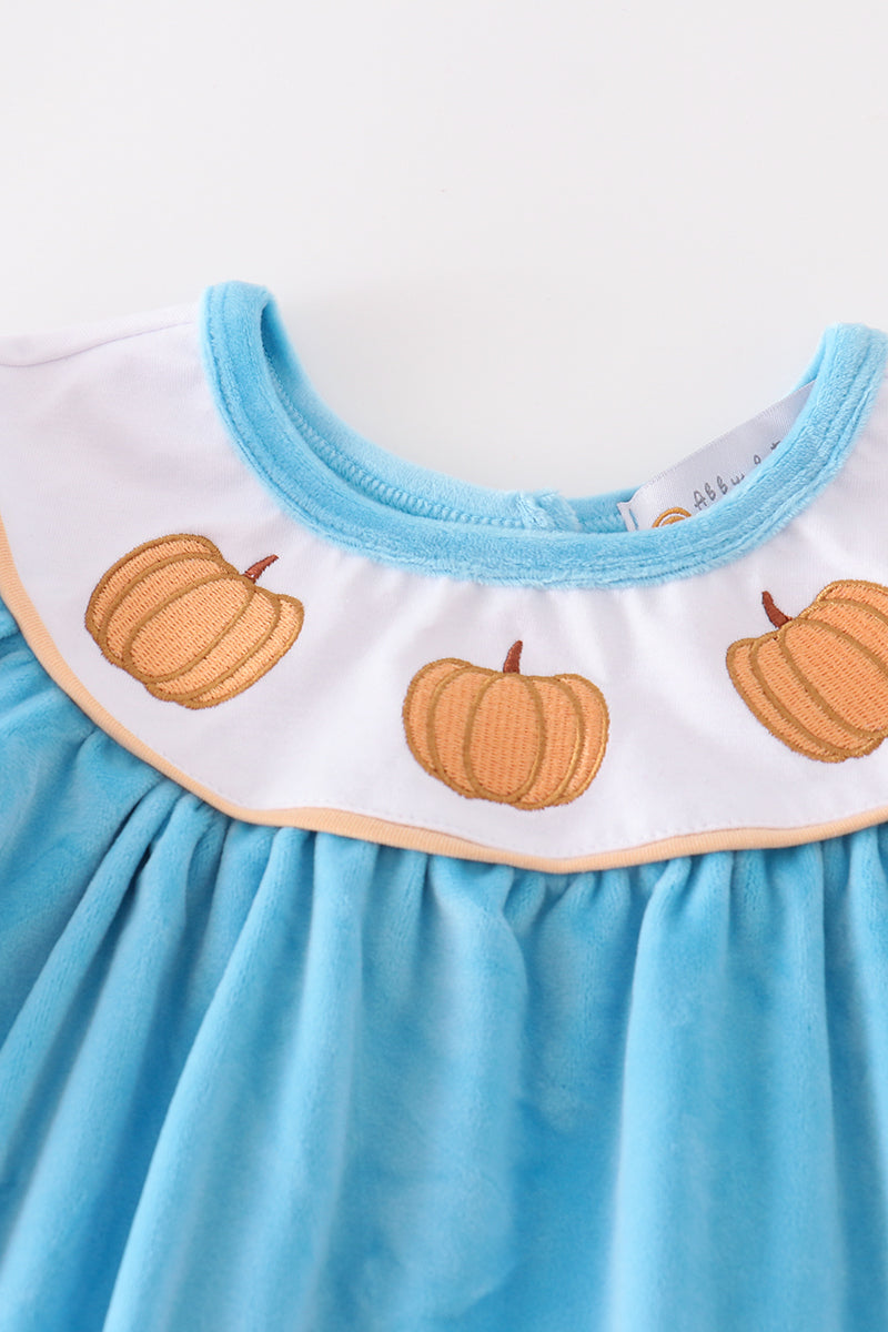 Blue velvet pumpkin embroidery girl set