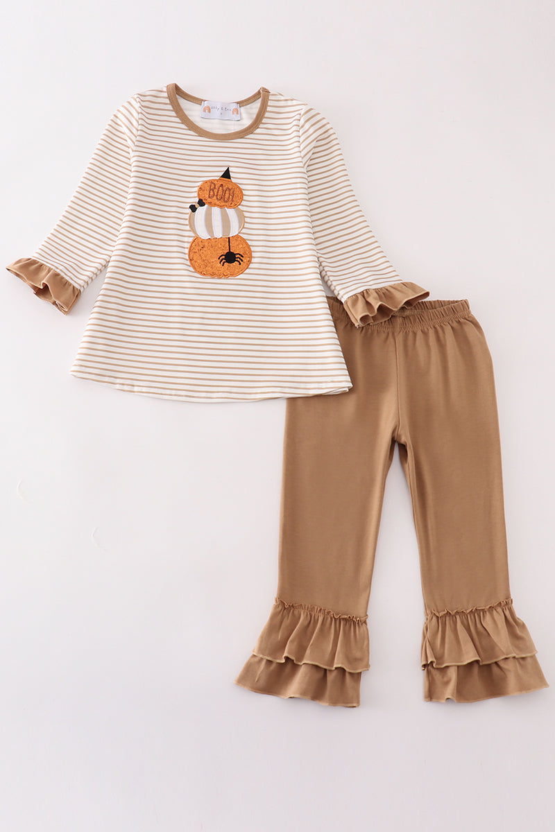 Khaki stripe pumpkin glitter girl pants set