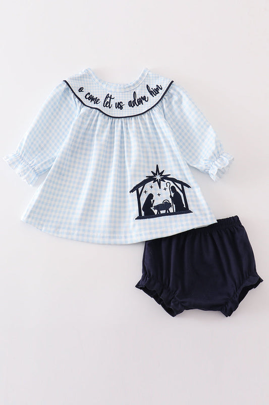 Navy nativity embroidery gingham girl bloomer set