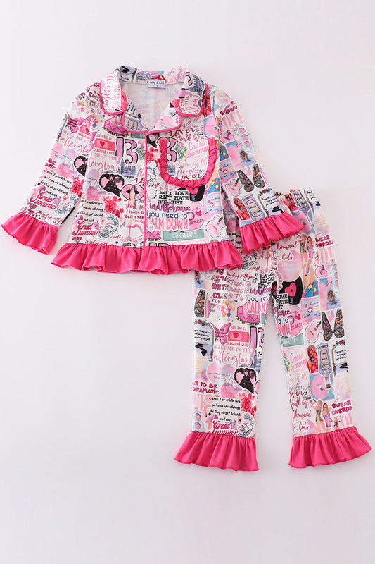 Pink music fan print girl pajamas set