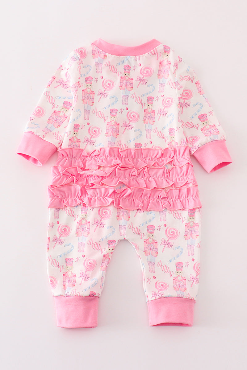 Pink nutcracker print ruffle zip girl romper