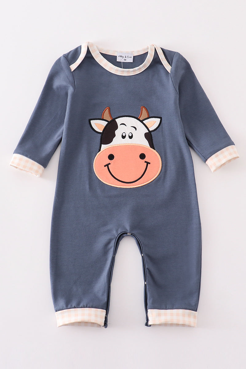 Blue cow applique boy romper