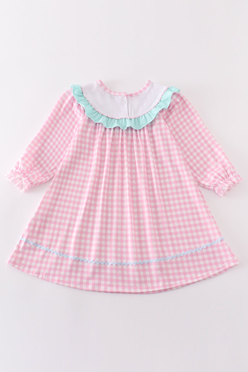 Pink tractor embroidery gingham dress