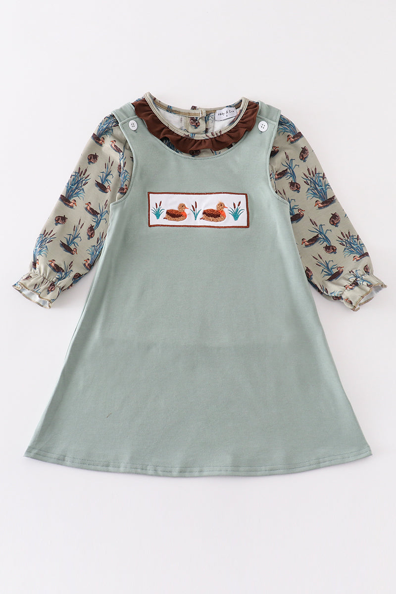 Sage duck french knot girl dress set