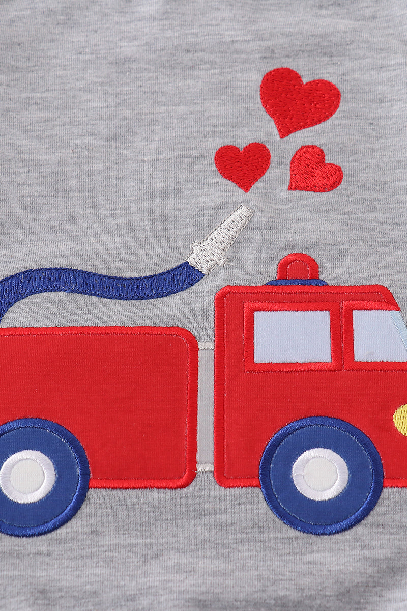 Grey valentine firetruck embroidery boy top