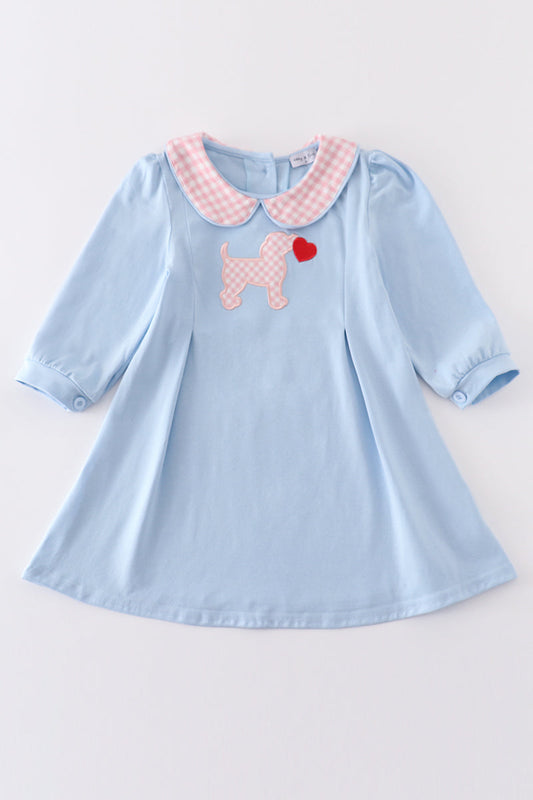 Blue valentine puppy heart applique girl dress