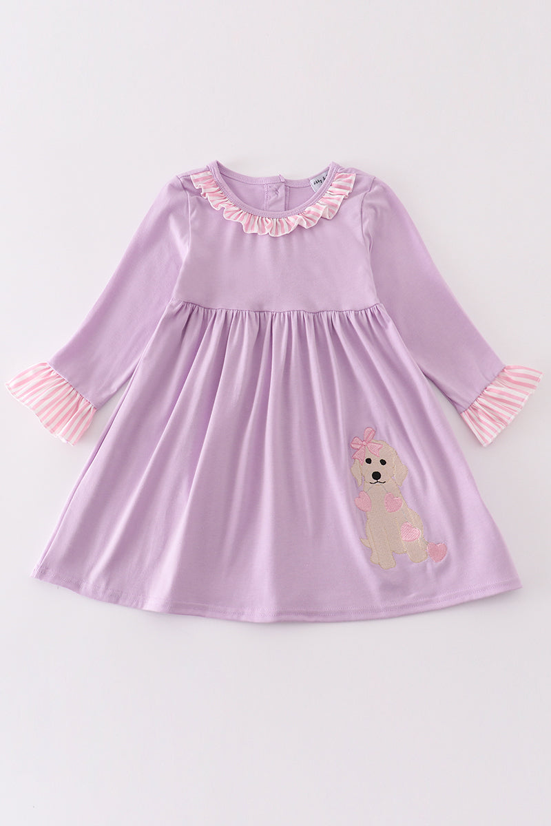 Purple Valentine puppy embroidery dress