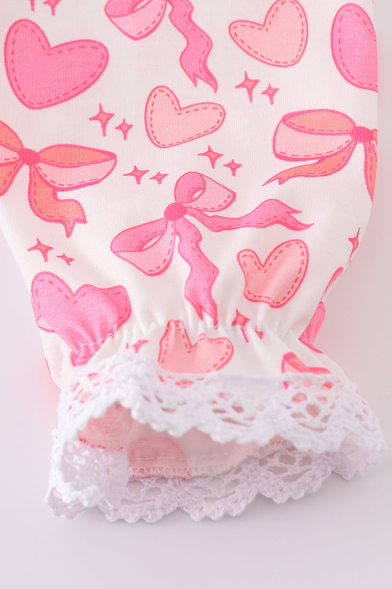 Pink valentine heart bow embroidery girl ruffle dress