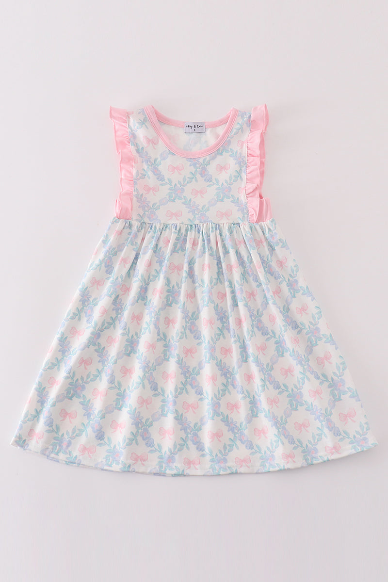 Pink bow print girl dress