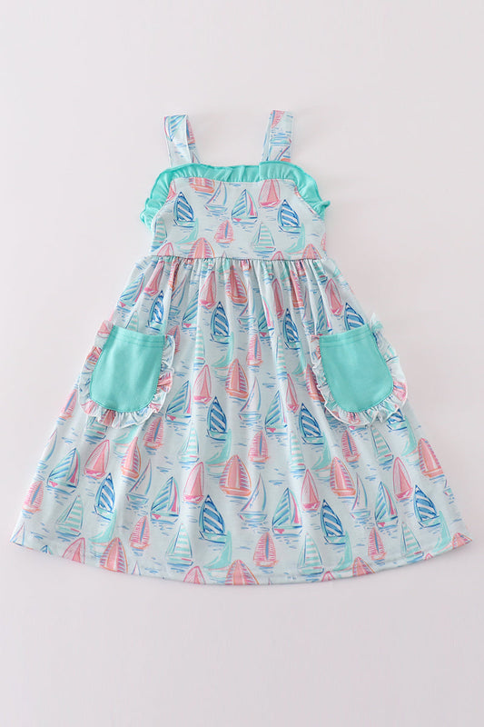 Green sailboat print girl dress