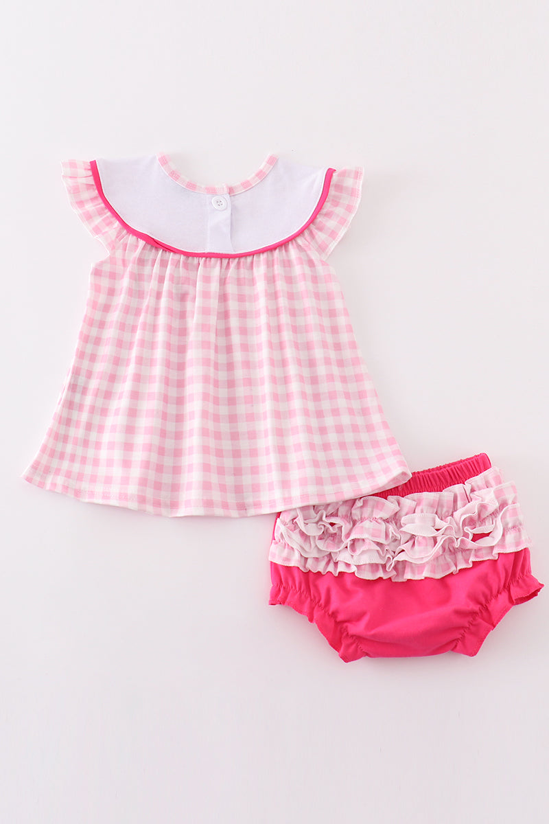 Pink barbie embroidery gingham girl bloomer set