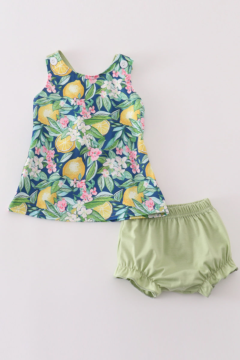 Greem lemon print girl bloomer set