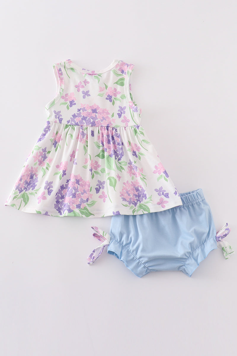 Purple hydragena print girl bloomer set