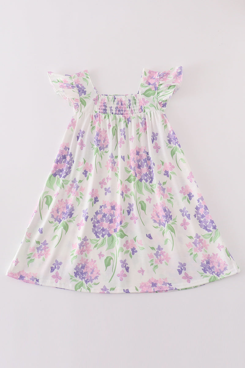 Purple hydragena print smocked girl dress