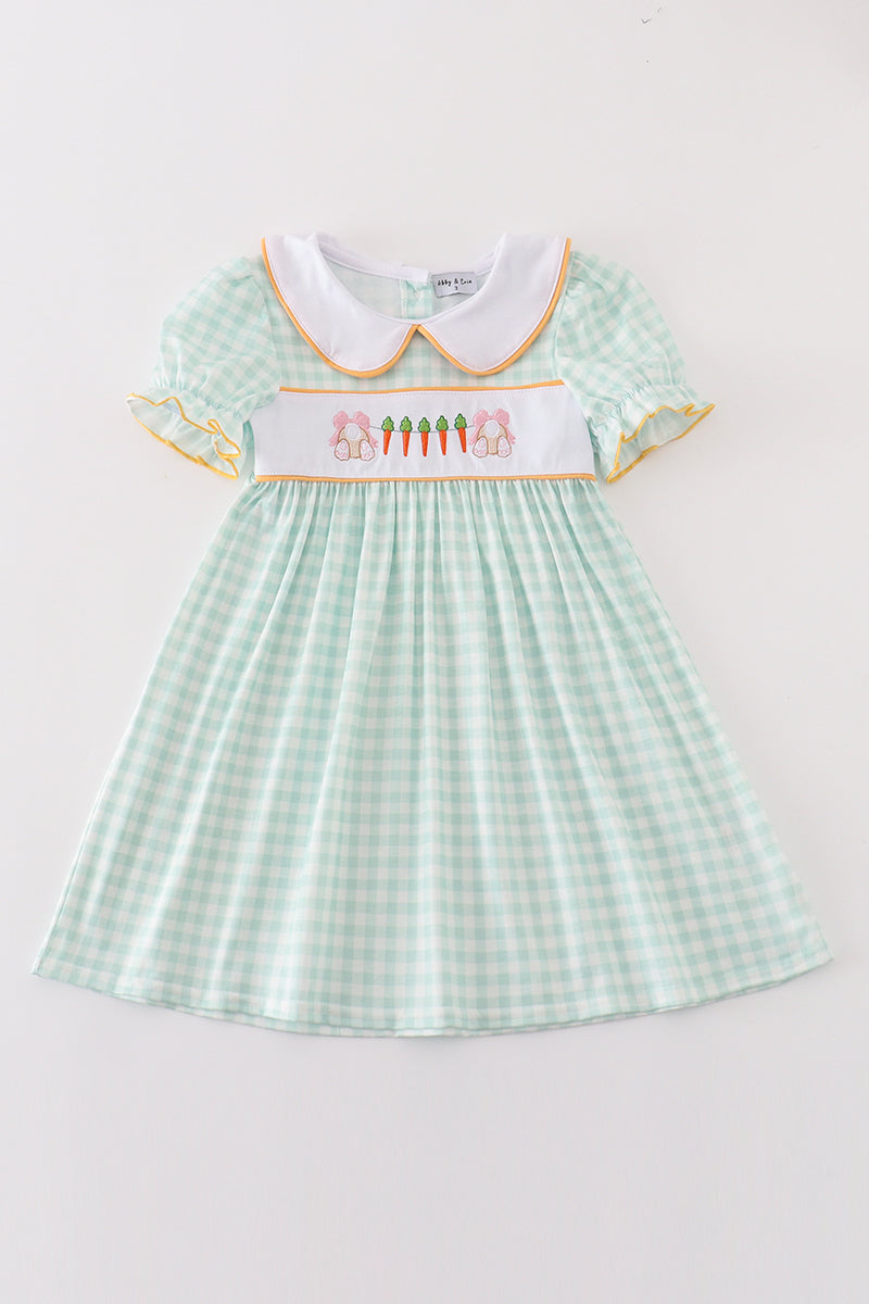 Easter bunny embroidery girl gingham dress