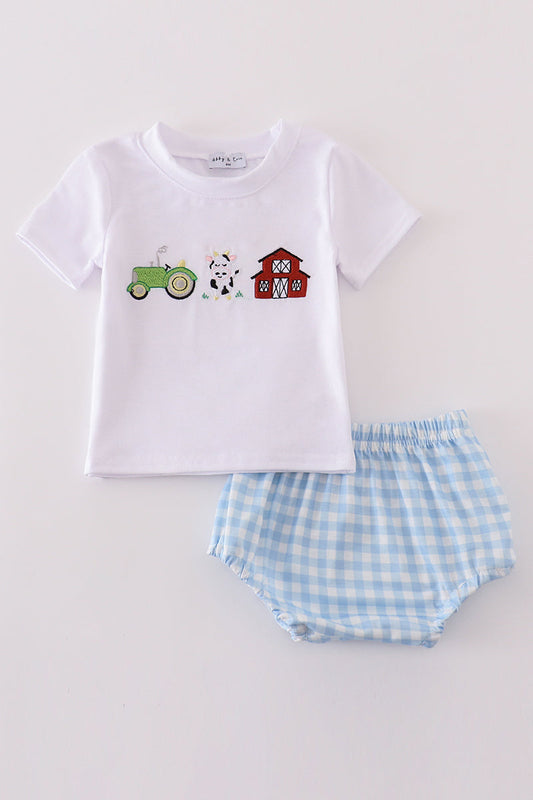 Blue farm embroidery boy bloomer set