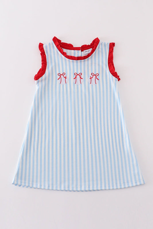 Blue stripe baseball embroidery girl dress