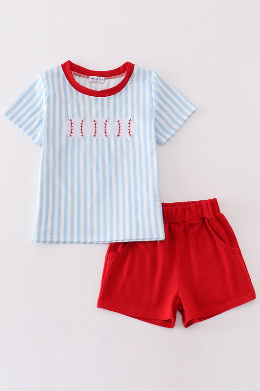 Blue stripe baseball embroidery boy set