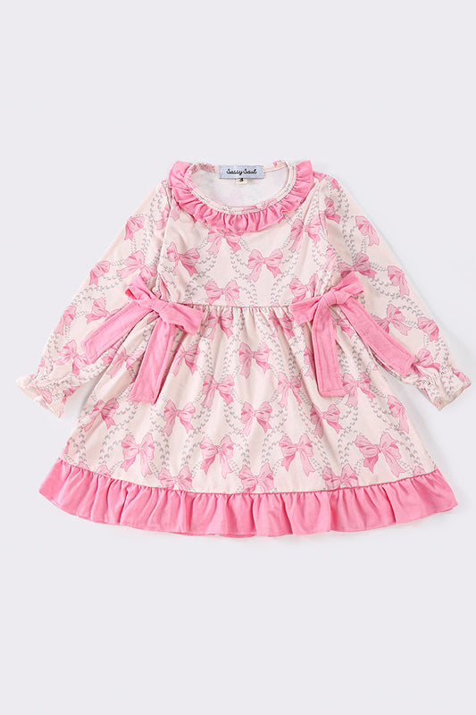 Pink bow print girl dress